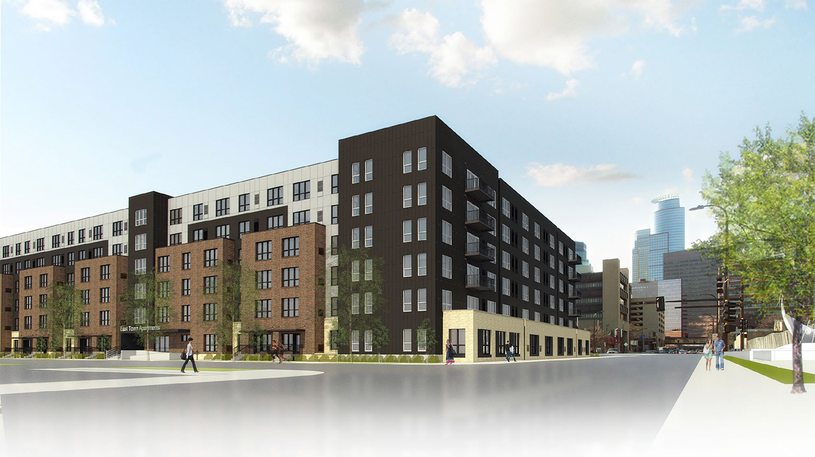 Rendering of the new East Town Apartments with blue sky and fluffy clouds overhead