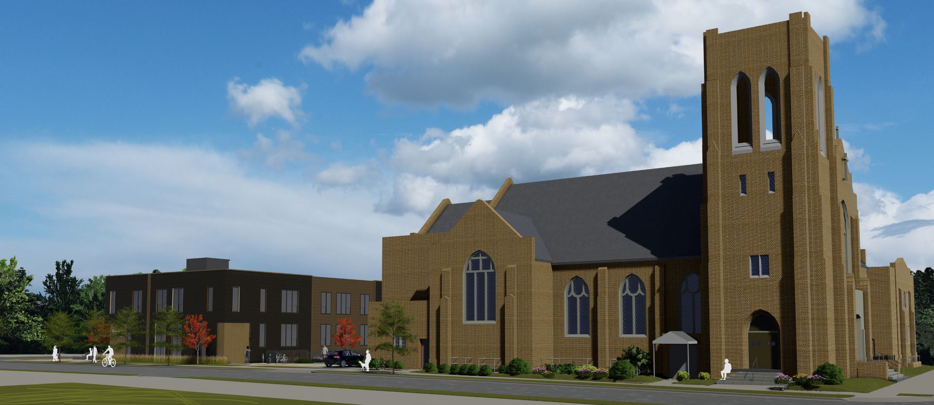Rendering of Calvary Lutheran Church with the newly built, 2.5 story building next to it, blue skies overhead with a few, fluffy clouds